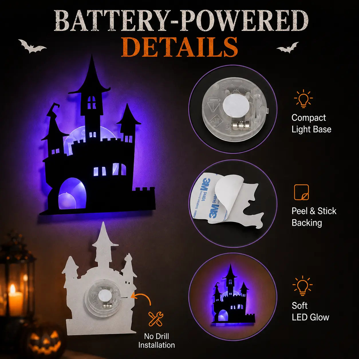 Halloween LED Silhouette Wall Light Stickers, Battery Powered Peel & Stick Decor Lights, No Drill PET Waterproof Wall Decor, Spooky Ghost Pumpkin Witch Bat Castle Spider Tree Ornaments for Home Window Door Party