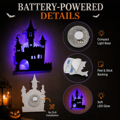 Halloween LED Silhouette Wall Light Stickers, Battery Powered Peel & Stick Decor Lights, No Drill PET Waterproof Wall Decor, Spooky Ghost Pumpkin Witch Bat Castle Spider Tree Ornaments for Home Window Door Party