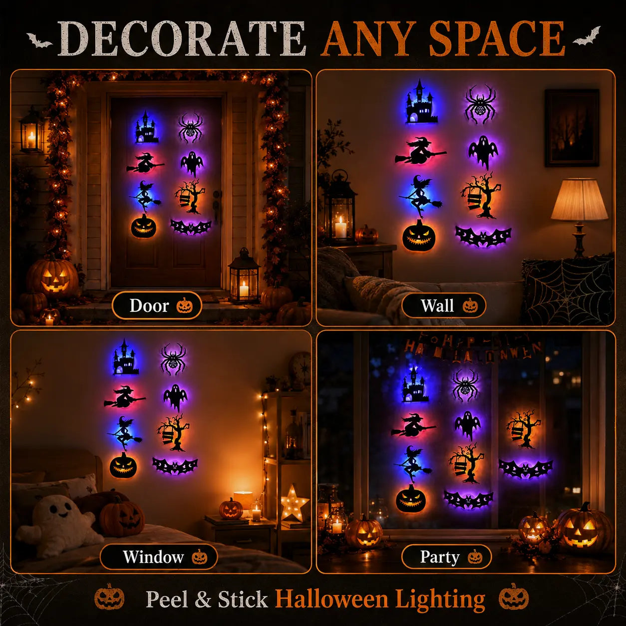 Halloween LED Silhouette Wall Light Stickers, Battery Powered Peel & Stick Decor Lights, No Drill PET Waterproof Wall Decor, Spooky Ghost Pumpkin Witch Bat Castle Spider Tree Ornaments for Home Window Door Party
