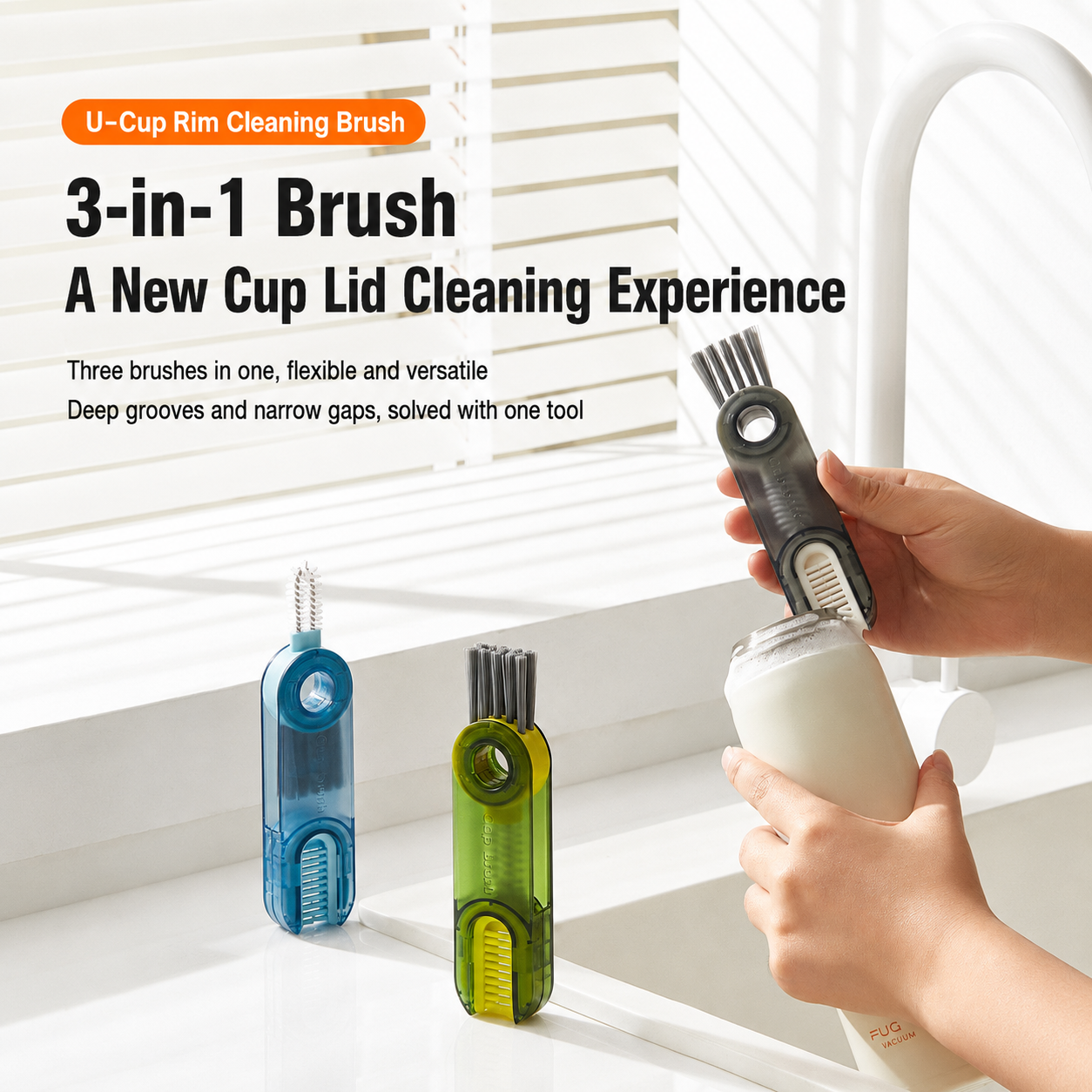 ✨3-in-1 Cup Brush Cleaner, Bottle Brush with Silicone Sponge & Straw Cleaner, Long Handle Dish Brush for Tumblers, Water Bottles, Mugs, Kitchen Sink Cleaning