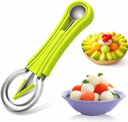 4-in-1 Fruit Baller Set, Stainless Steel Melon Scoop with Green Handle, Watermelon Carving Tool for Kitchen, Professional Fruit Scooper for Cantaloupe and Dragon Fruit Brand: Usoyuso