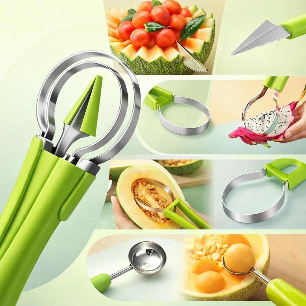 4-in-1 Fruit Baller Set, Stainless Steel Melon Scoop with Green Handle, Watermelon Carving Tool for Kitchen, Professional Fruit Scooper for Cantaloupe and Dragon Fruit Brand: Usoyuso