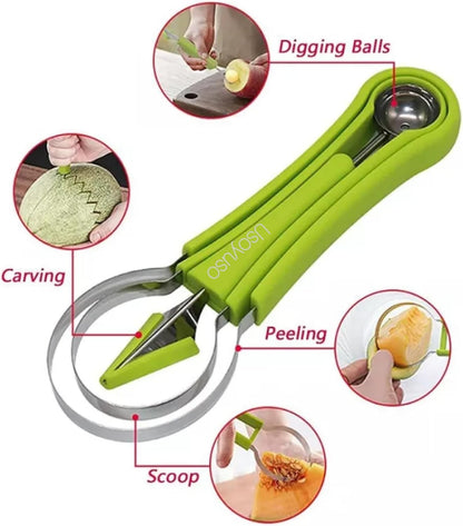 4-in-1 Fruit Baller Set, Stainless Steel Melon Scoop with Green Handle, Watermelon Carving Tool for Kitchen, Professional Fruit Scooper for Cantaloupe and Dragon Fruit Brand: Usoyuso