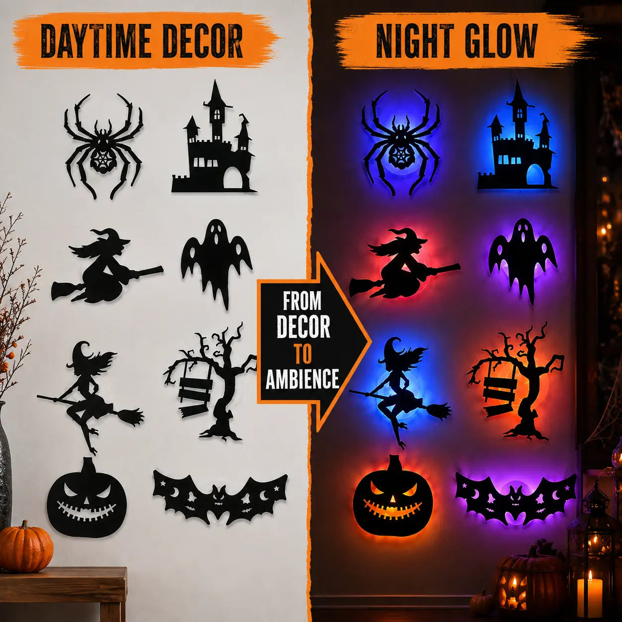 Halloween LED Silhouette Wall Light Stickers, Battery Powered Peel & Stick Decor Lights, No Drill PET Waterproof Wall Decor, Spooky Ghost Pumpkin Witch Bat Castle Spider Tree Ornaments for Home Window Door Party
