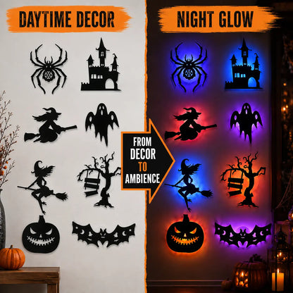 Halloween LED Silhouette Wall Light Stickers, Battery Powered Peel & Stick Decor Lights, No Drill PET Waterproof Wall Decor, Spooky Ghost Pumpkin Witch Bat Castle Spider Tree Ornaments for Home Window Door Party