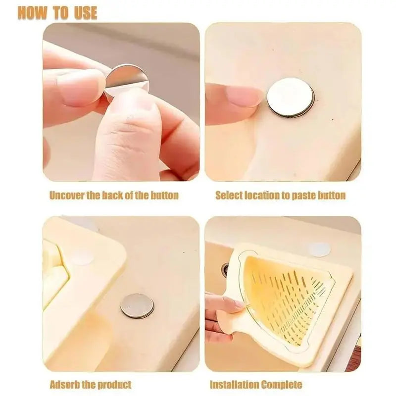 🔥MCOIKY® Magnetic draining triangular kitchen sink filter for storing food scraps, leftovers, and kitchen waste.