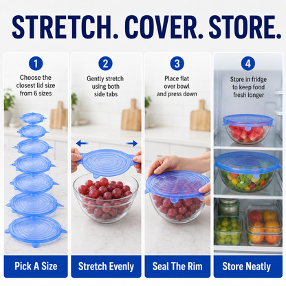 🔥[DealsForYouDays] Universal Reusable Silicone Lids – 6-Pack Self-Sealing Food Covers for Various Container Sizes