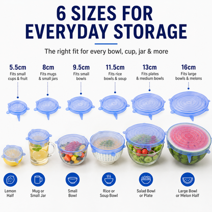 🔥[DealsForYouDays] Universal Reusable Silicone Lids – 6-Pack Self-Sealing Food Covers for Various Container Sizes