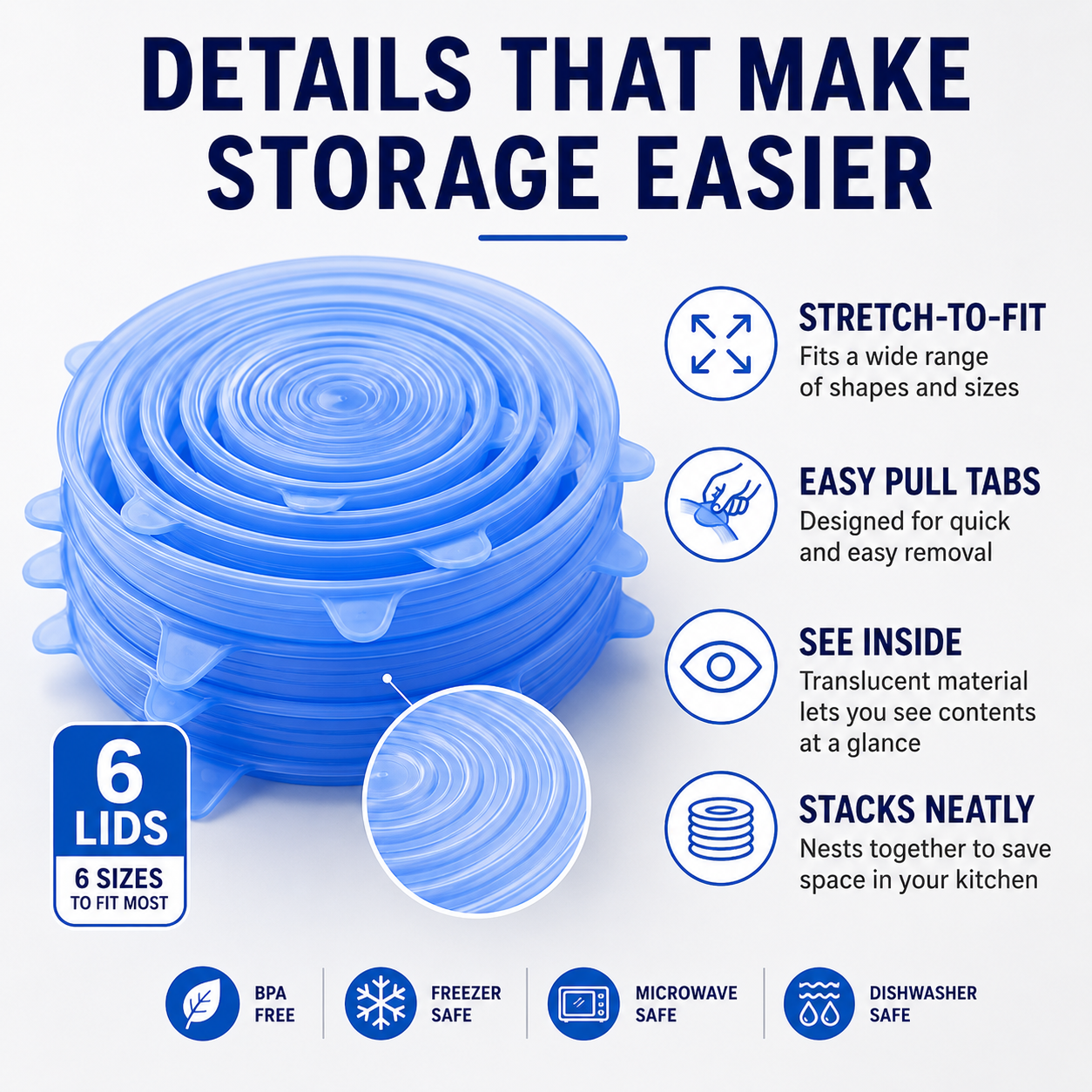 🔥[DealsForYouDays] Universal Reusable Silicone Lids – 6-Pack Self-Sealing Food Covers for Various Container Sizes