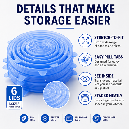 🔥[DealsForYouDays] Universal Reusable Silicone Lids – 6-Pack Self-Sealing Food Covers for Various Container Sizes