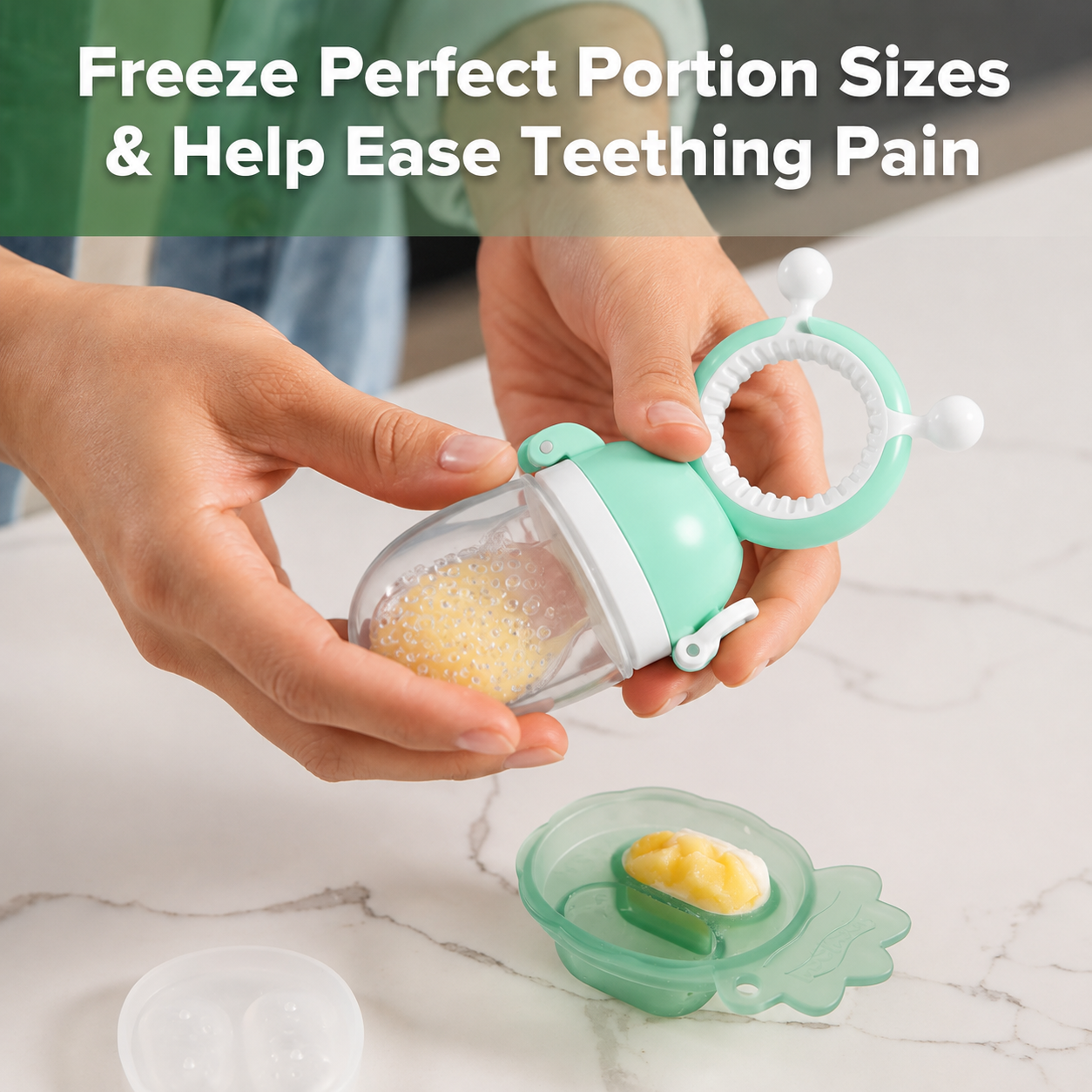Baby Fruit Food Feeder & Mini Freezer Nibble Tray Combo, Breastmilk Popsicle Molds for Baby Cooling Relief, BPA Free Silicone Feeder for Safe Infant Self Feeding, 4 Month+