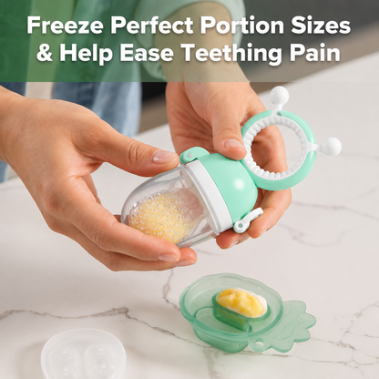 Baby Fruit Food Feeder & Mini Freezer Nibble Tray Combo, Breastmilk Popsicle Molds for Baby Cooling Relief, BPA Free Silicone Feeder for Safe Infant Self Feeding, 4 Month+
