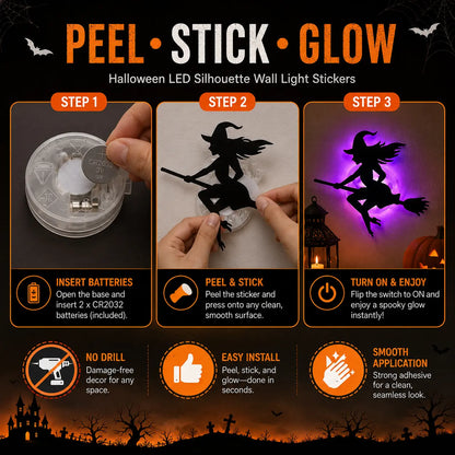 Halloween LED Silhouette Wall Light Stickers, Battery Powered Peel & Stick Decor Lights, No Drill PET Waterproof Wall Decor, Spooky Ghost Pumpkin Witch Bat Castle Spider Tree Ornaments for Home Window Door Party
