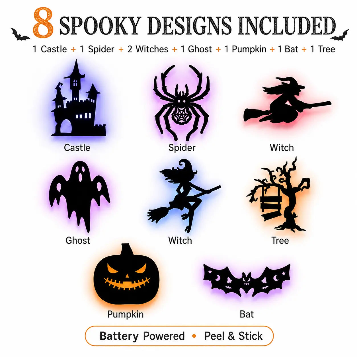 Halloween LED Silhouette Wall Light Stickers, Battery Powered Peel & Stick Decor Lights, No Drill PET Waterproof Wall Decor, Spooky Ghost Pumpkin Witch Bat Castle Spider Tree Ornaments for Home Window Door Party