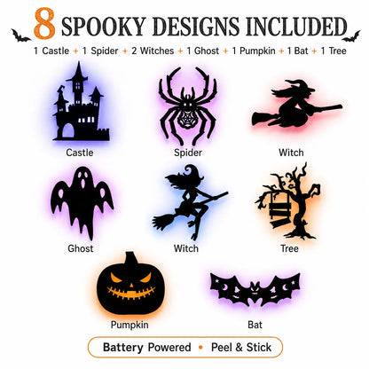 Halloween LED Silhouette Wall Light Stickers, Battery Powered Peel & Stick Decor Lights, No Drill PET Waterproof Wall Decor, Spooky Ghost Pumpkin Witch Bat Castle Spider Tree Ornaments for Home Window Door Party