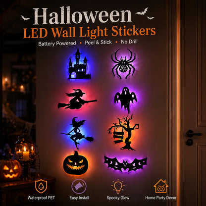 Halloween LED Silhouette Wall Light Stickers, Battery Powered Peel & Stick Decor Lights, No Drill PET Waterproof Wall Decor, Spooky Ghost Pumpkin Witch Bat Castle Spider Tree Ornaments for Home Window Door Party