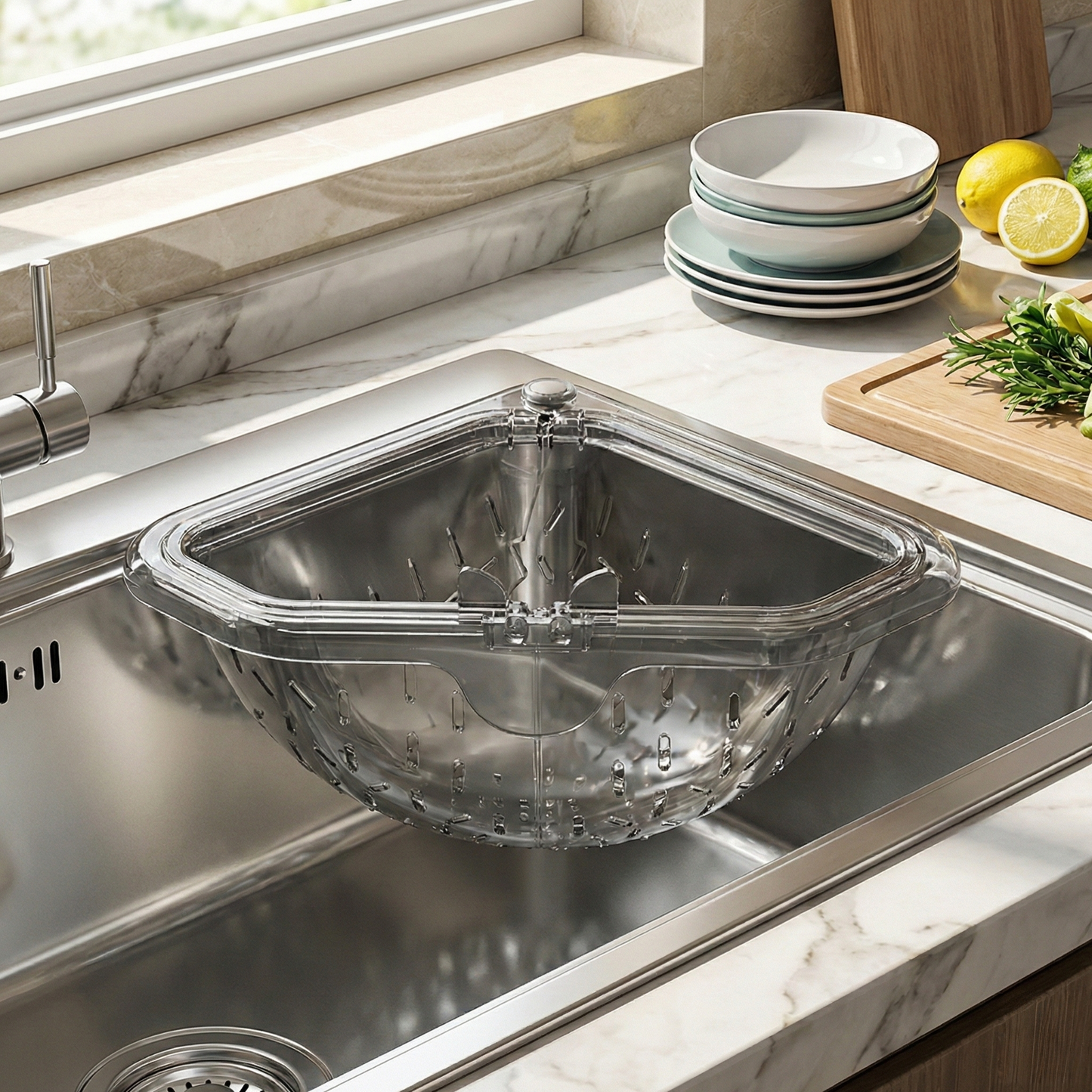 🔥MCOIKY® Magnetic draining triangular kitchen sink filter for storing food scraps, leftovers, and kitchen waste.