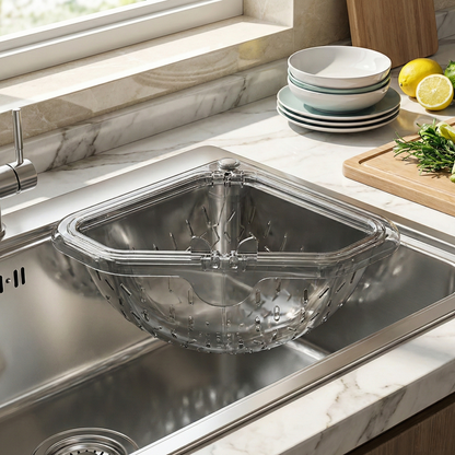 🔥MCOIKY® Magnetic draining triangular kitchen sink filter for storing food scraps, leftovers, and kitchen waste.